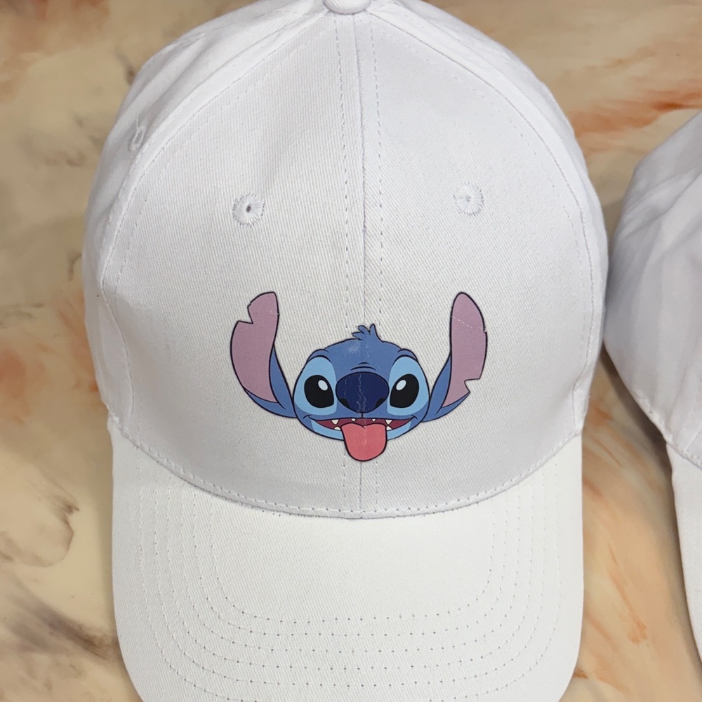 White Baseball Cap with Blue & Pink Cartoon Stitch Face